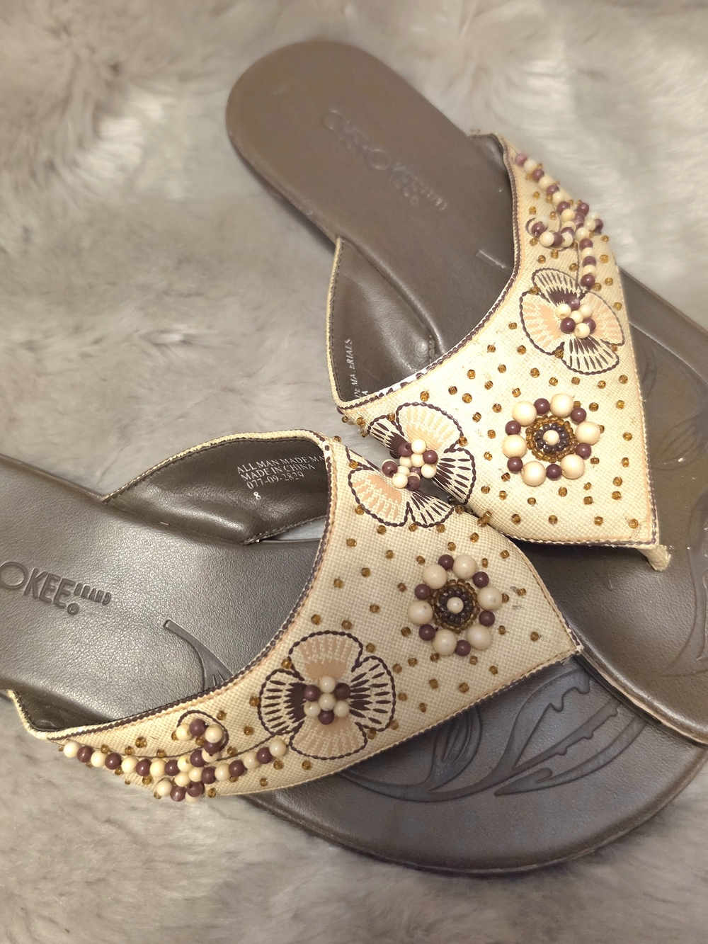 Cherokee Beige and Brown Beaded Floral Slip-On Sandals